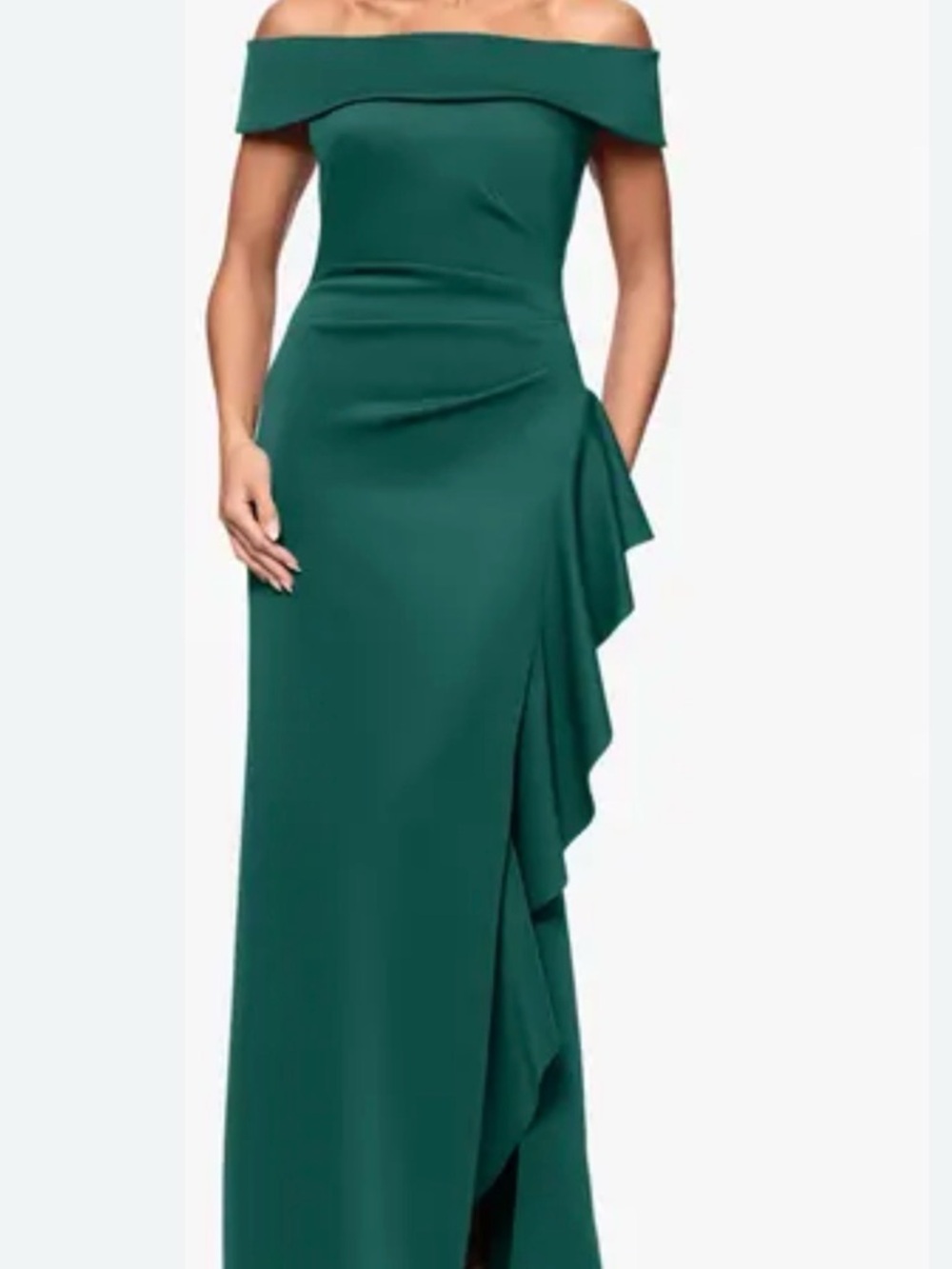 Xscape off the Shoulder Emerald Green Hunter Ruffle Gown